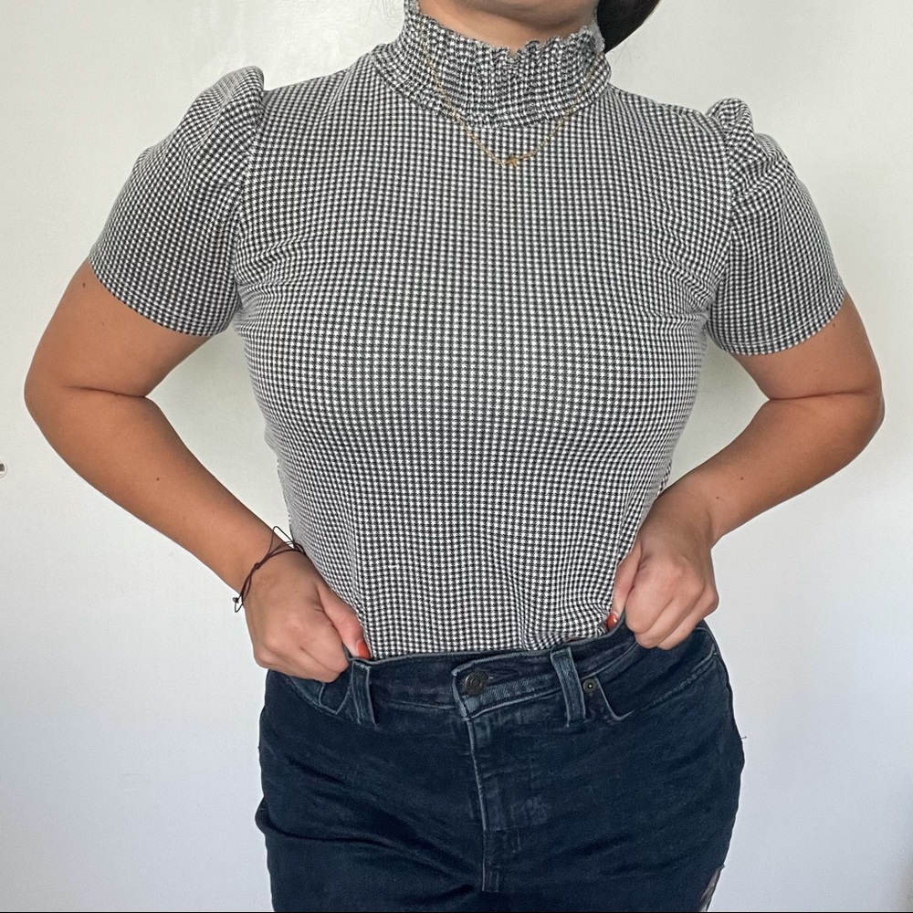 ZARA black and white high neck plaid blouse